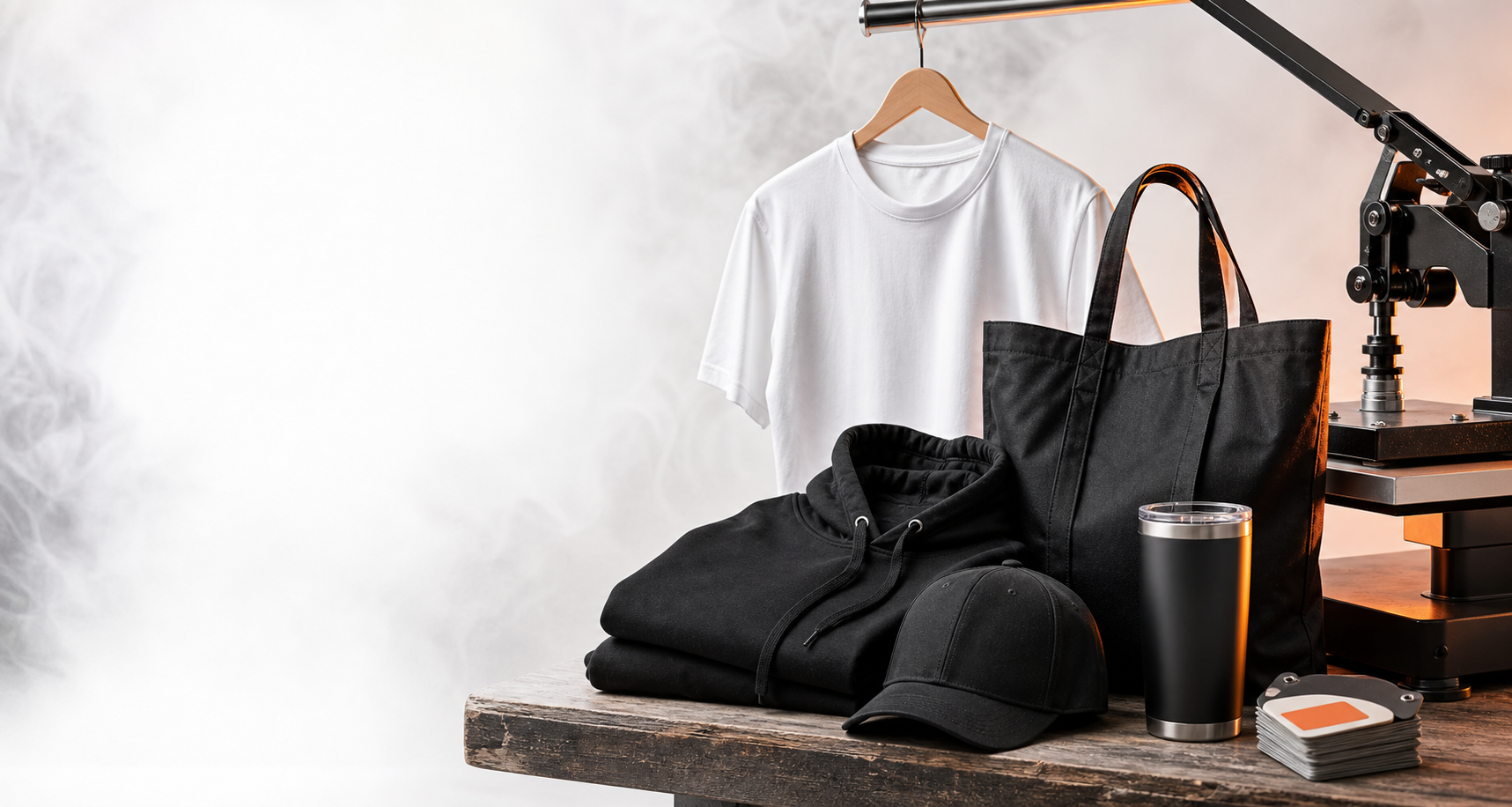 Custom apparel and branded product samples arranged in a bright studio